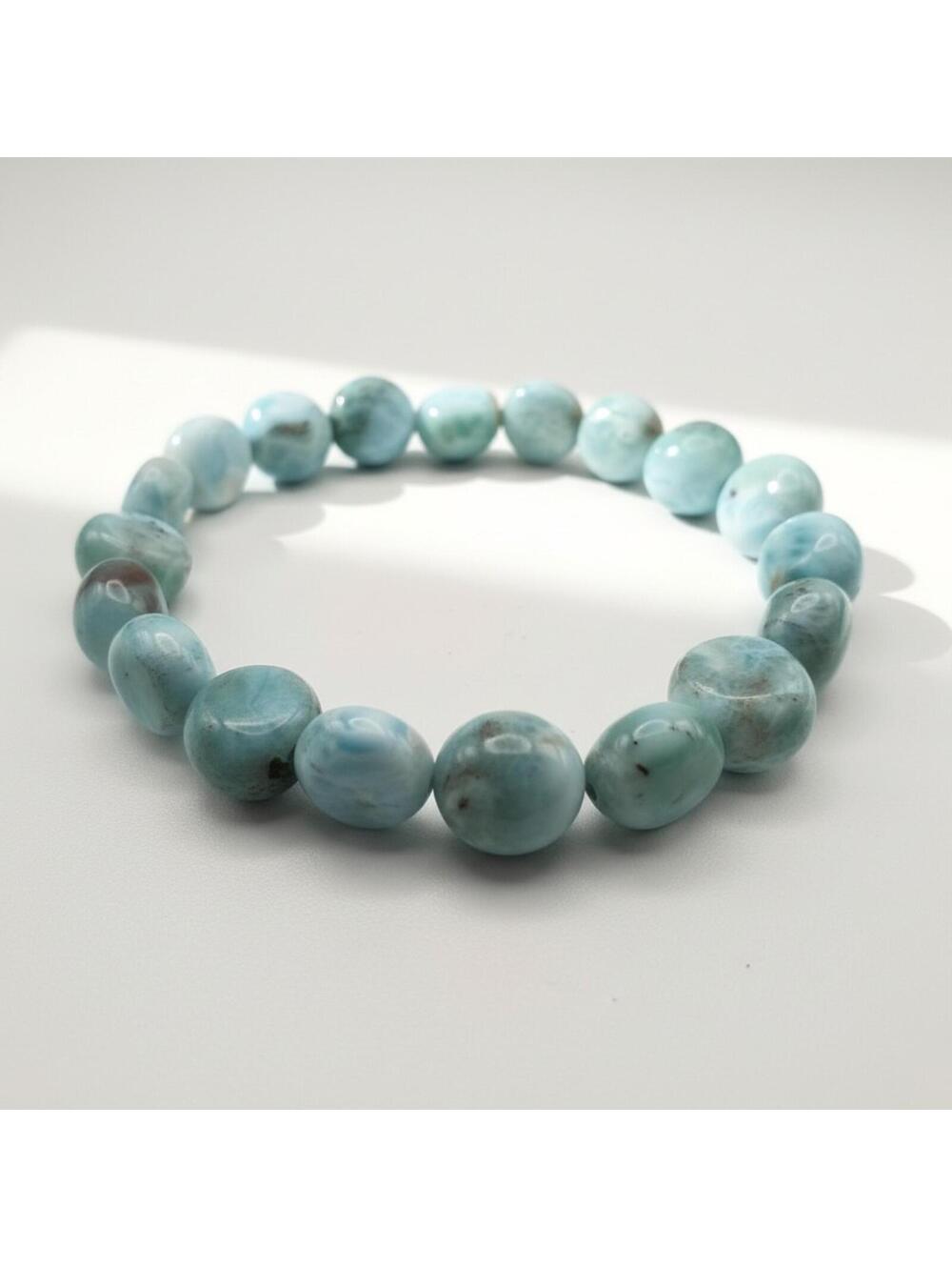 Natural 8mm Larimar Polished Coin Bead Stretch Bracelet